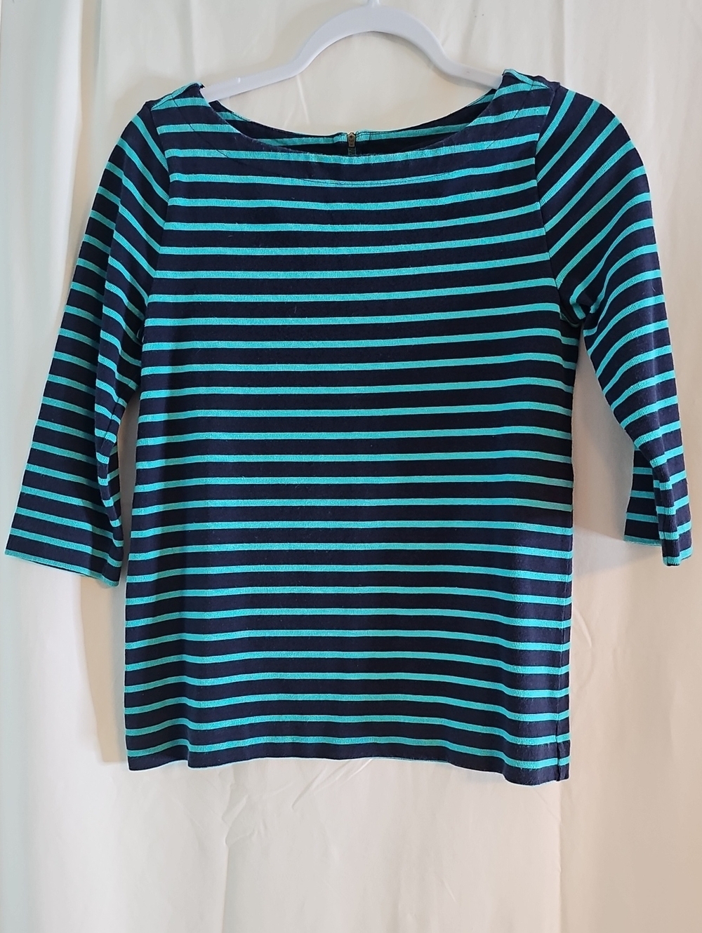 Loft Striped Navy and Teal 3/4 Sleeve Boatneck Top